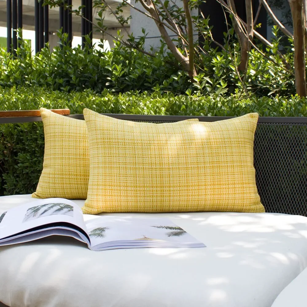 Set of 2, 12 x 20 Inch Outdoor Waterproof Lumbar Throw Pillow Covers (Yellow)